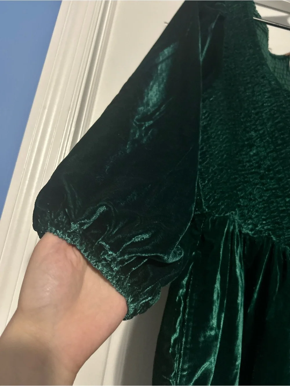Free People large Farrier greenvelvet mini dress Christmas smocked bodice